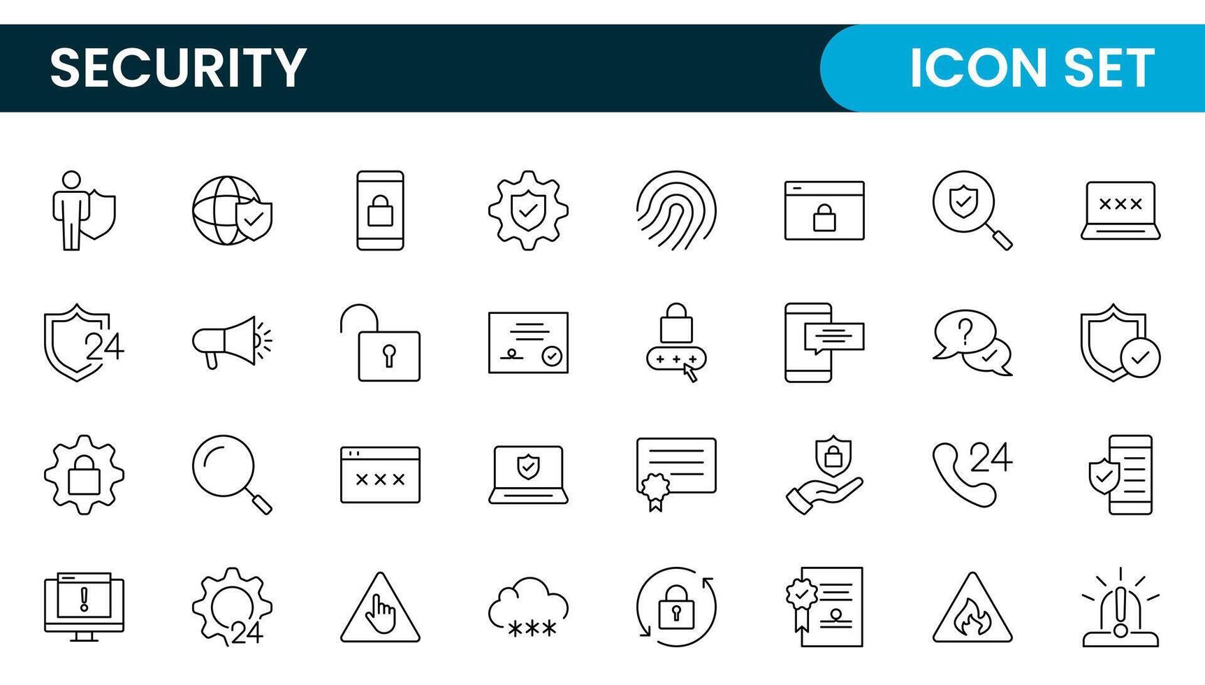 Set of Security web icons in line style. Guard, cyber security, password, smart home, safety, data protection, key, shield, lock, unlock, eye access. Security outline icon set. vector