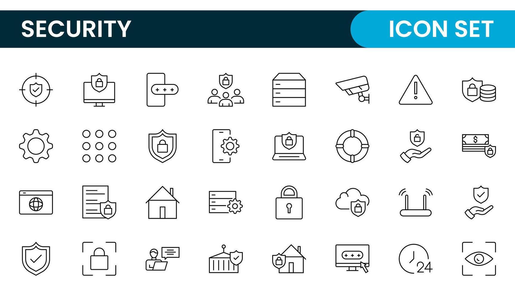 Set of Security web icons in line style. Guard, cyber security, password, smart home, safety, data protection, key, shield, lock, unlock, eye access. Security outline icon set. vector