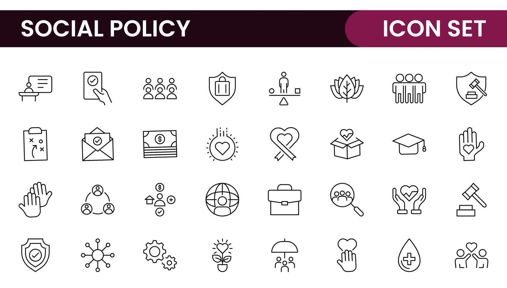 Set of Social Policy and Insuranceline icons. Outline icon collection related to education, insurance, law, goverment and more. vector