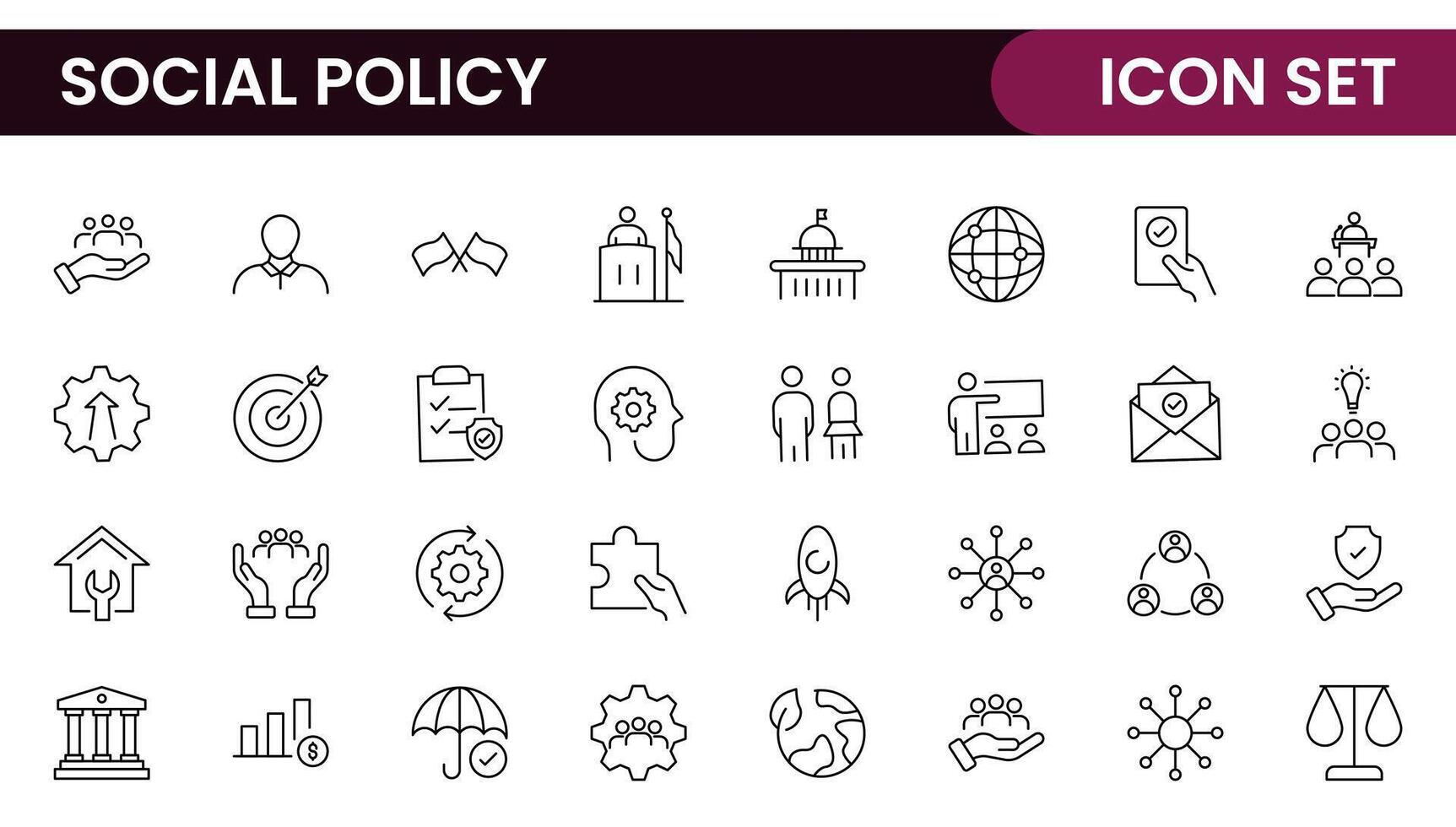 Set of Social Policy and Insuranceline icons. Outline icon collection related to education, insurance, law, goverment and more. vector