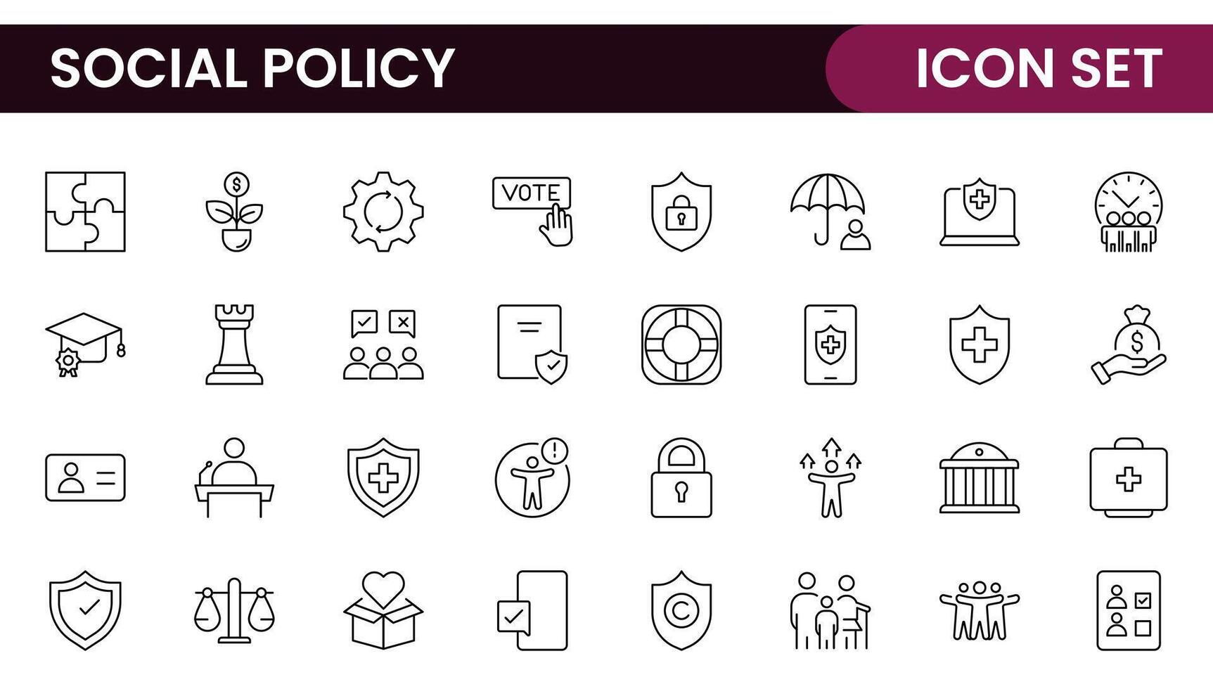 Set of Social Policy and Insuranceline icons. Outline icon collection related to education, insurance, law, goverment and more. vector