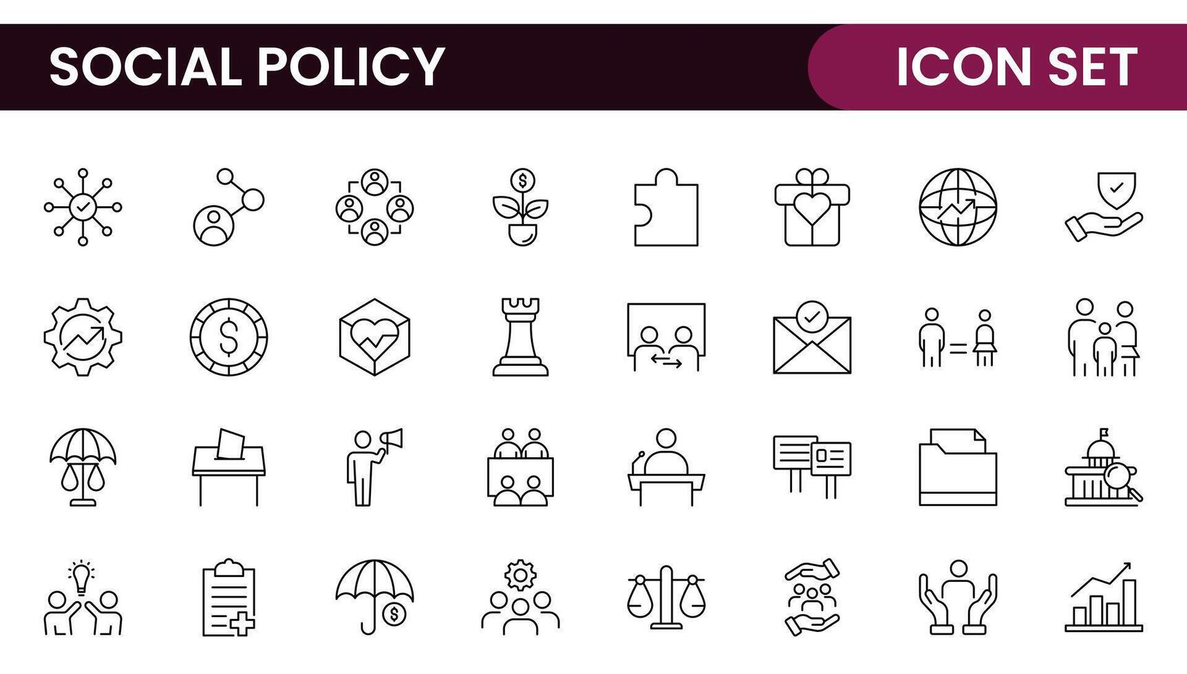 Set of Social Policy and Insuranceline icons. Outline icon collection related to education, insurance, law, goverment and more. vector