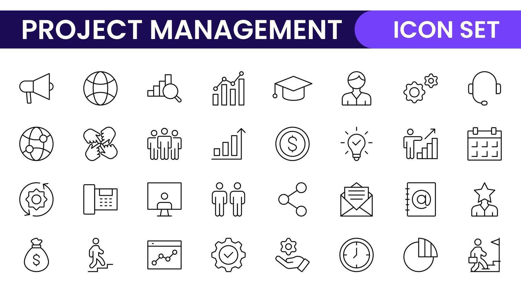 Project Management web icons in line style. Outline icon collection related to Schedule, human resource, management, development, planning, and more. vector