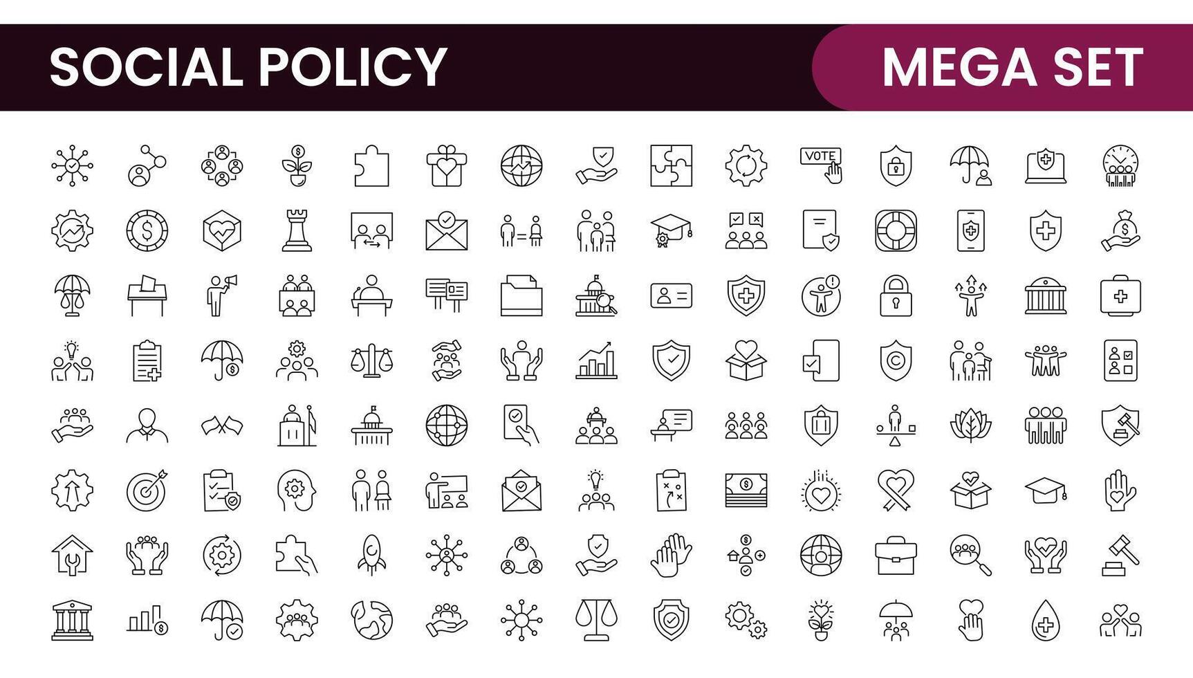 Set of Social Policy and Insuranceline icons. Outline icon collection related to education, insurance, law, goverment and more. vector