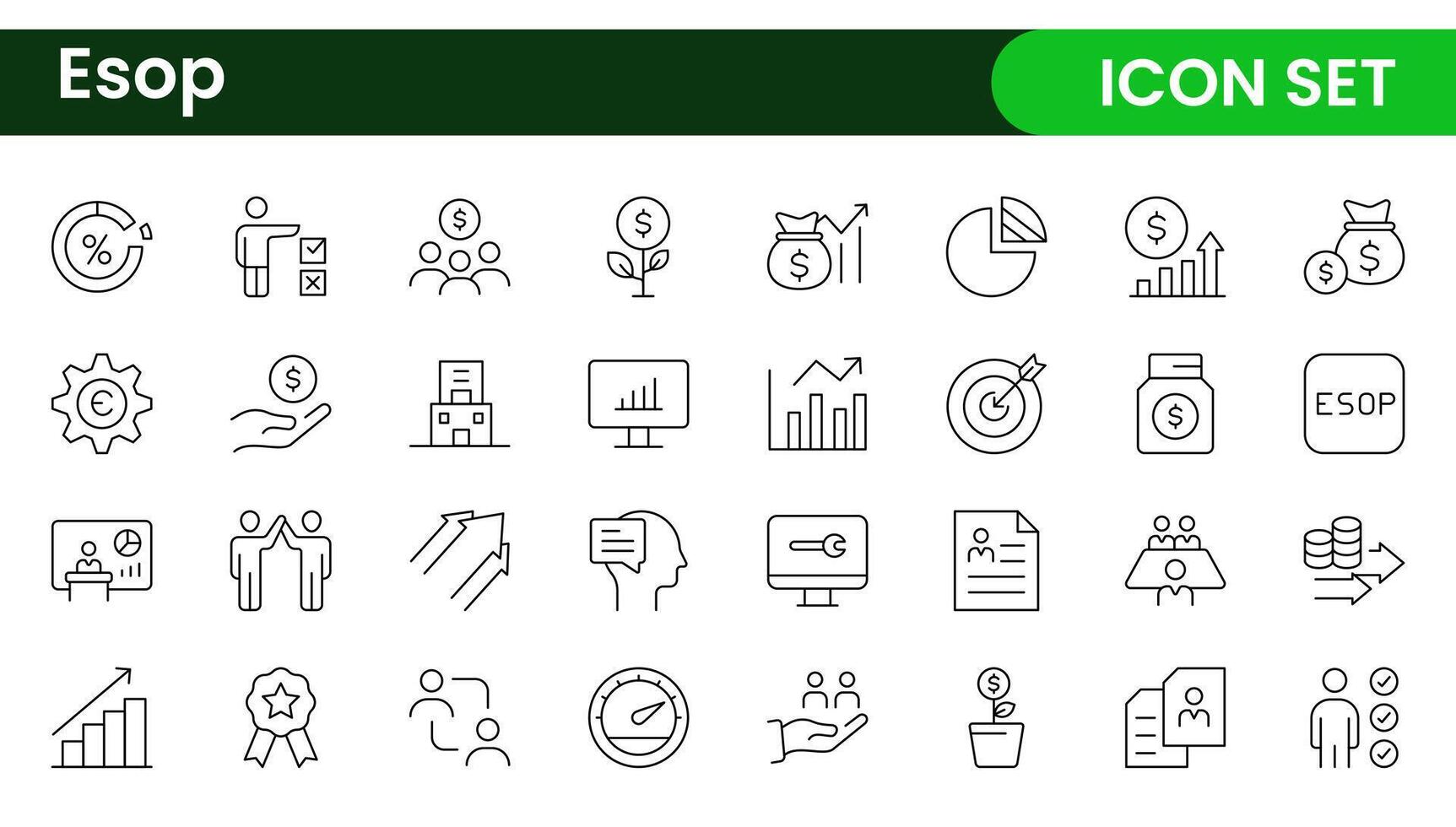 Outline icons about ESOP employee stock ownership plan. Contains such icons as company, win-win, scheme and benefits. vector