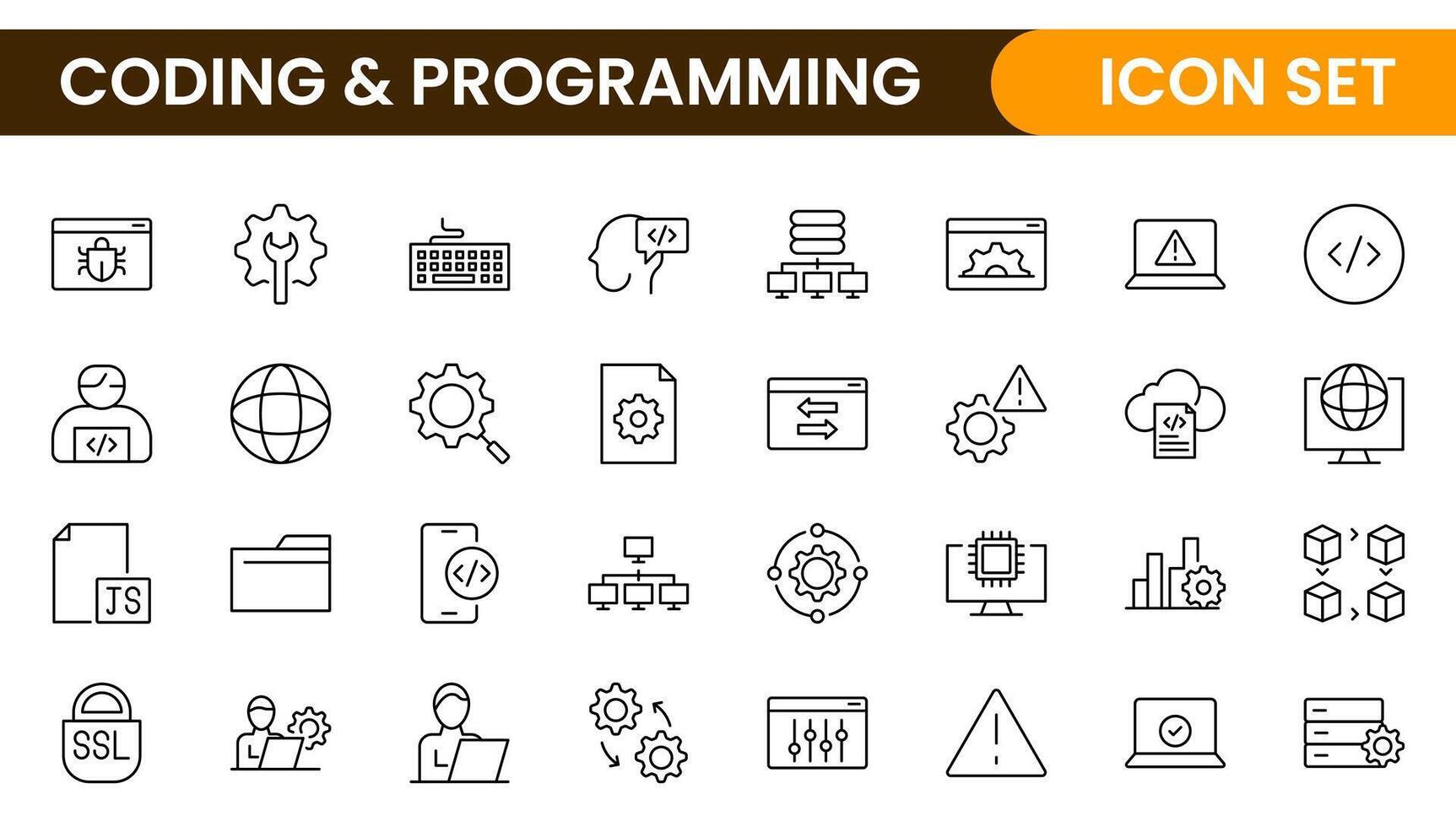 Programming coding set of web icons in line style. Software development icons for web and mobile app. Code, api, programmer, developer, information technology, coder and more. vector