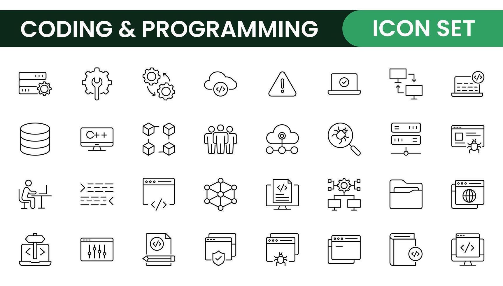 Programming coding set of web icons in line style. Software development icons for web and mobile app. Code, api, programmer, developer, information technology, coder and more. vector