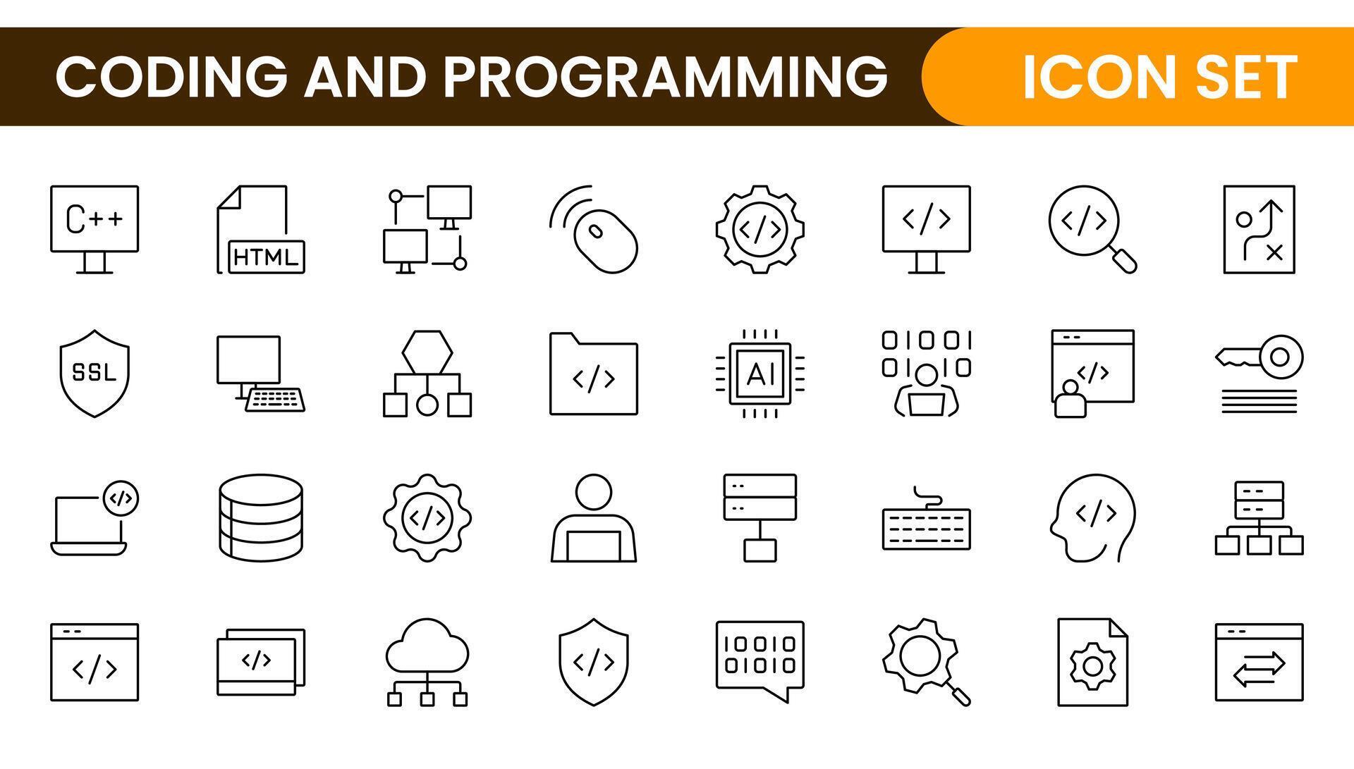 Programming coding set of web icons in line style. Software development ...