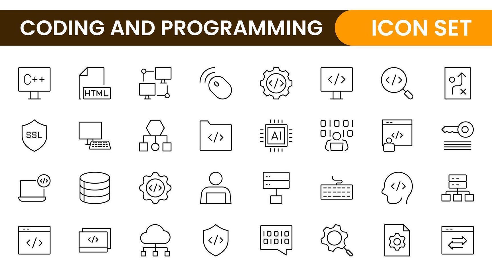 Programming coding set of web icons in line style. Software development icons for web and mobile app. Code, api, programmer, developer, information technology, coder and more. vector