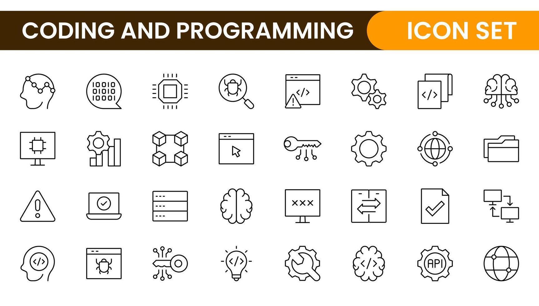 Programming coding set of web icons in line style. Software development icons for web and mobile app. Code, api, programmer, developer, information technology, coder and more. vector