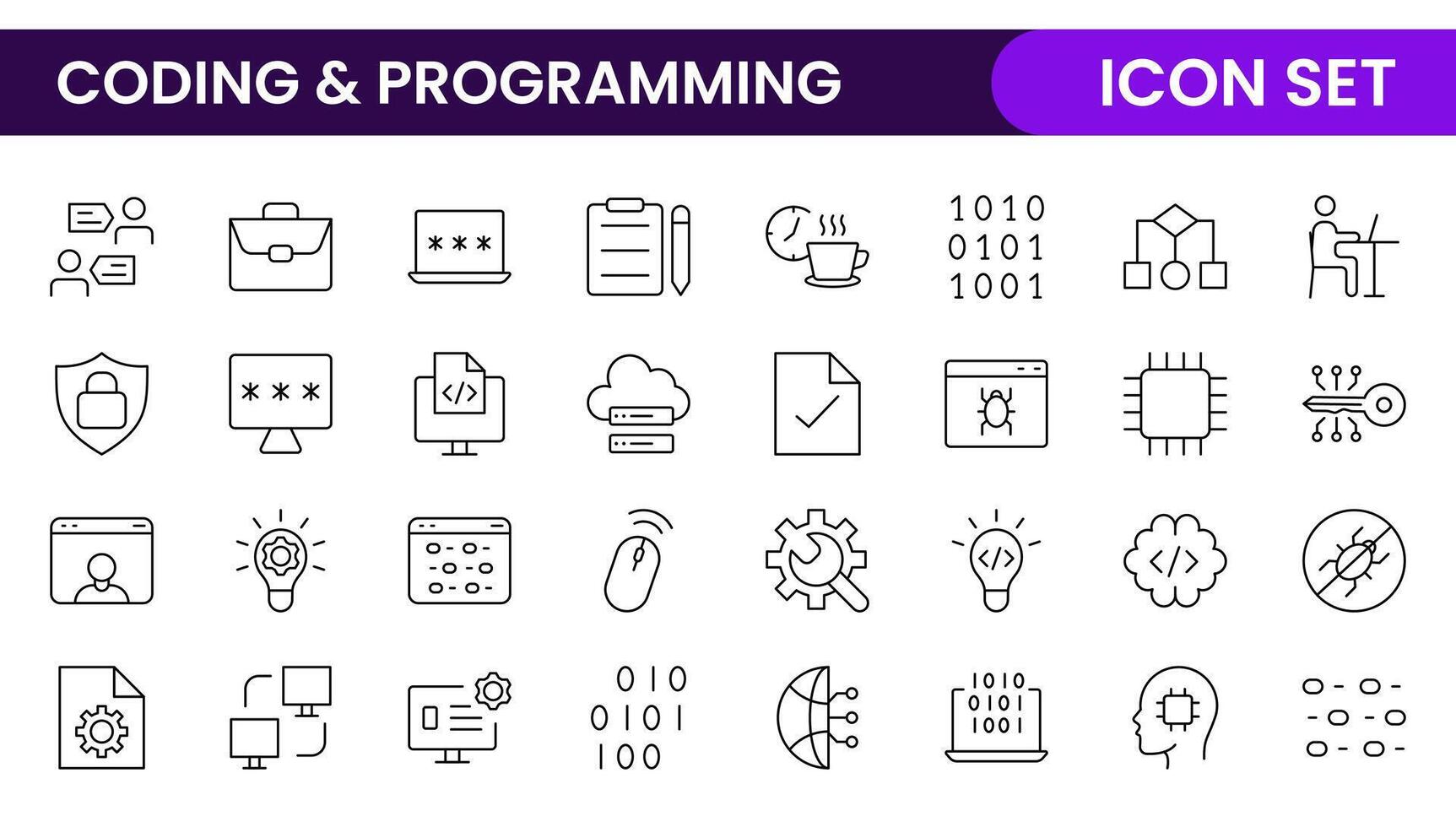 Programming coding set of web icons in line style. Software development icons for web and mobile app. Code, api, programmer, developer, information technology, coder and more. vector