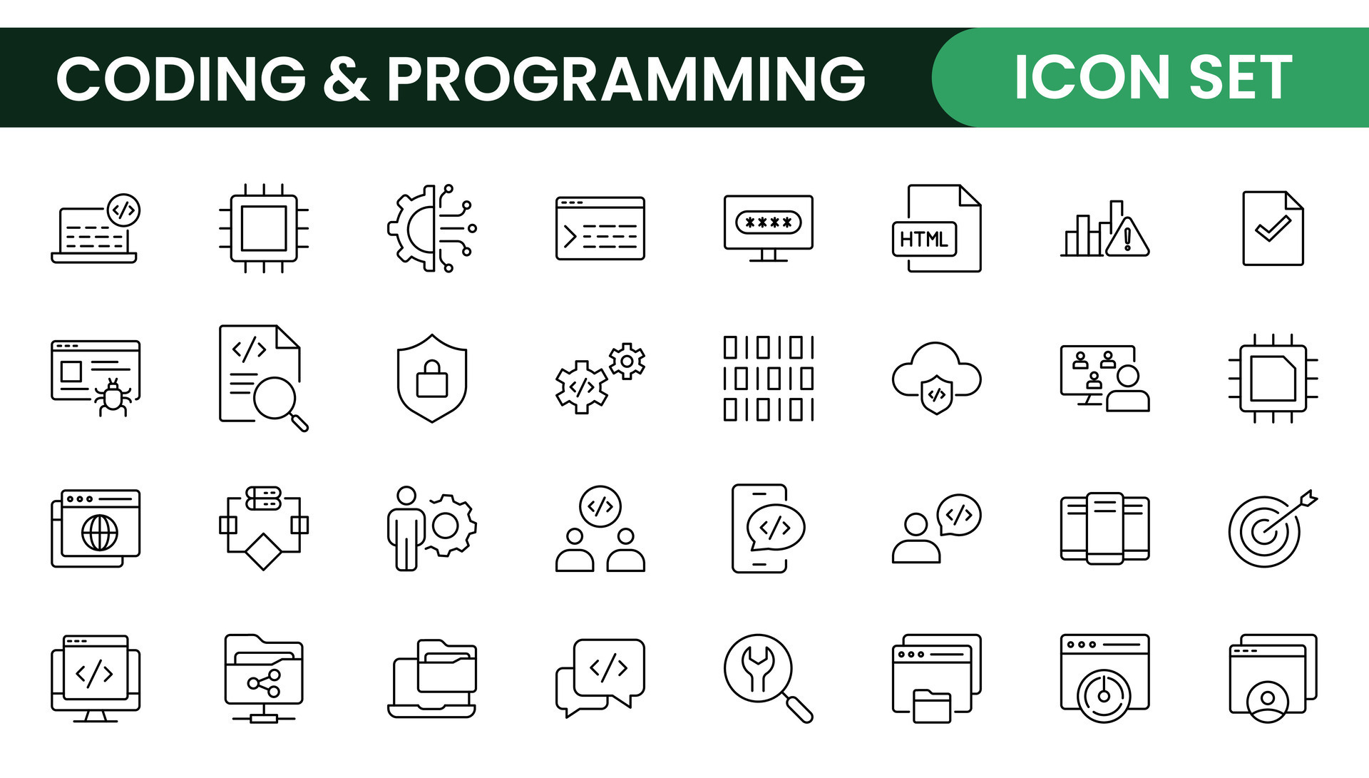 Programming coding set of web icons in line style. Software development ...