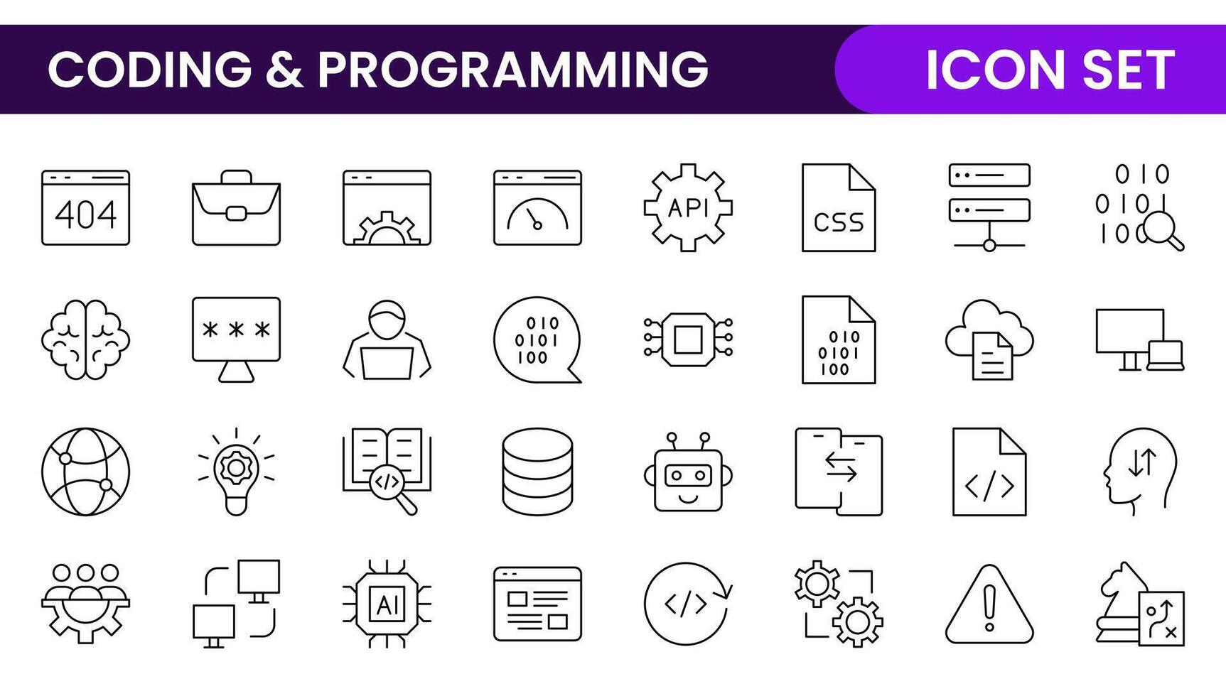 Programming coding set of web icons in line style. Software development icons for web and mobile app. Code, api, programmer, developer, information technology, coder and more. vector