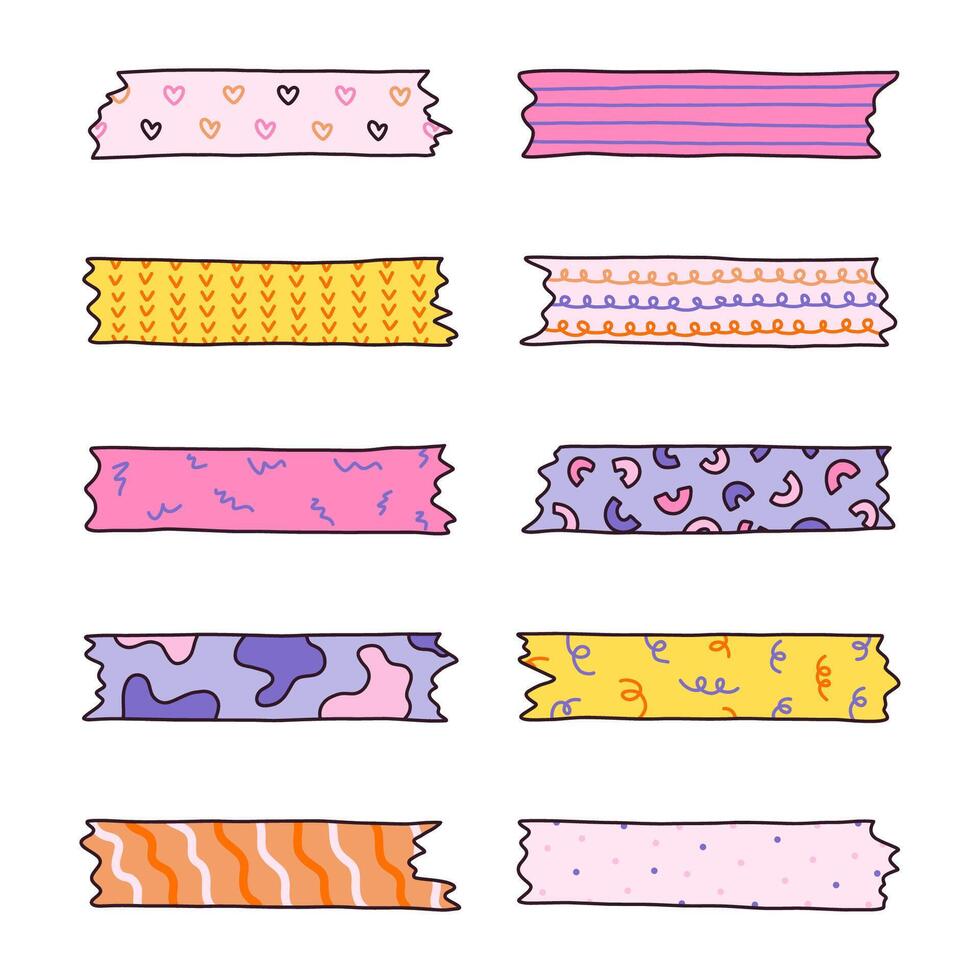Colorful doodle set of washi tape stripes with squiggle, geometry, abstract, cute pattern. Adhesive tape with ornament. Trendy decorative scotch tape with ragged edges for scrapbook, planner, design vector