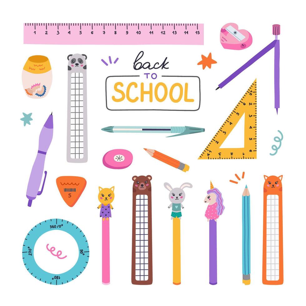 Cute hand drawn set of back to school stationery in cartoon style. Collection of rulers, protractor, compass, erasers, sharpeners, ballpoint pen, bookmarks. School supply for study, draw and work vector