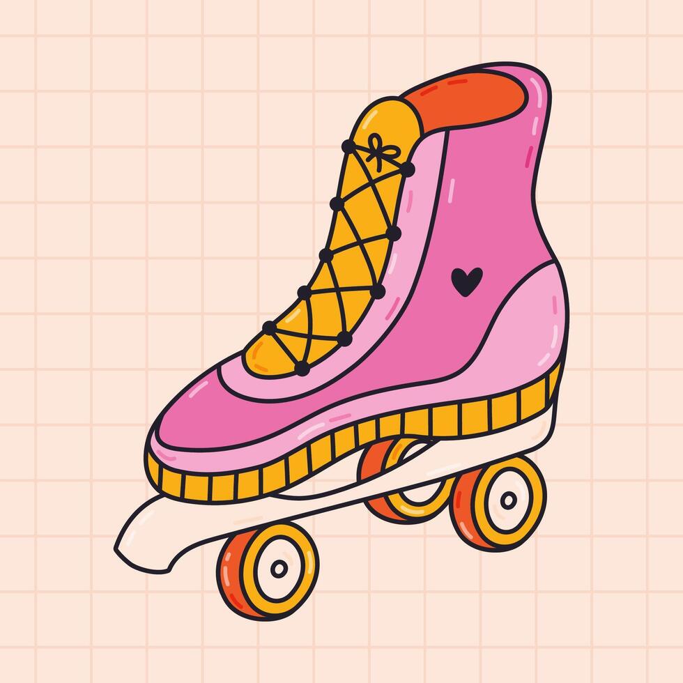 Cute groovy pink roller skates from fashion of 90s and 00s. Retro sport rollerblades as badge of Y2k. Nostalgia for vintage and 1990s aesthetic, vibes. Hand drawn isolated doodle with outline. vector
