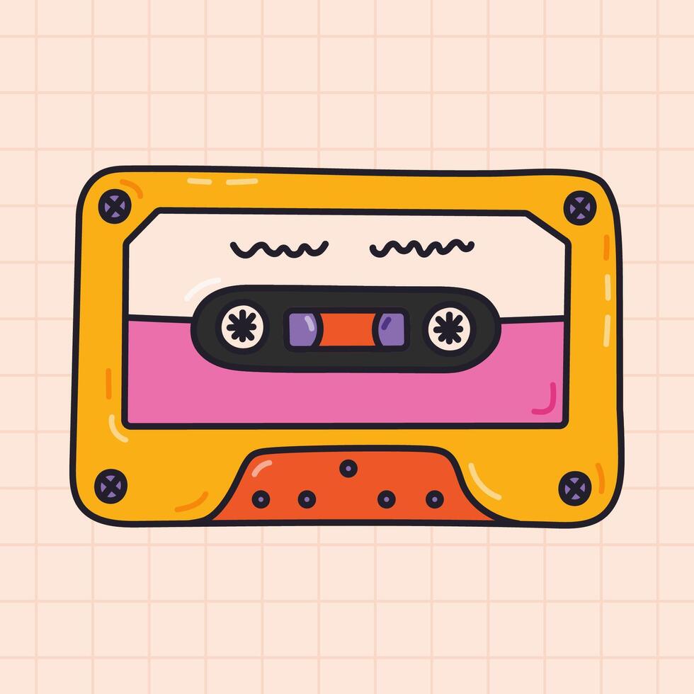 Groovy doodle audio tape from Y2k aesthetic. Retro cassette, music mixtape as symbol of 90s and 00s. Stereo device with hand drawn outline isolated on background. Nostalgia for vintage, 1990s vibes. vector