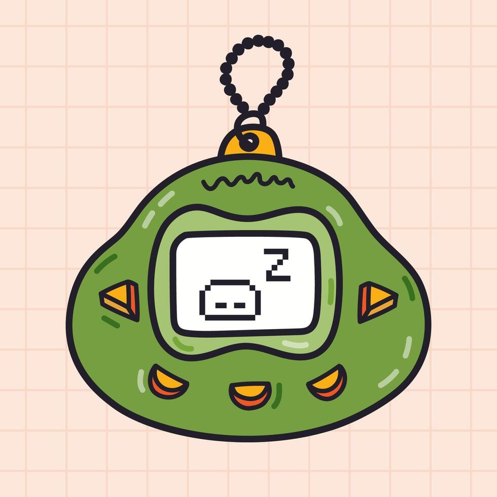 Groovy doodle of Tamagotchi toy from Y2k aesthetic. Retro kids Japanese electronic toy with feeding pet from 90s and 00s. Hand drawn portable pocket game with outline. Nostalgia for 1990s aesthetic. vector