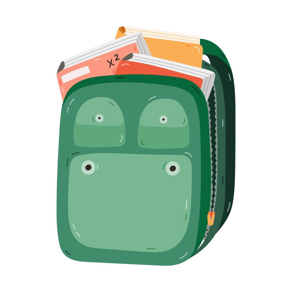 Cute open kids schoolbag with books and notebooks . Cartoon back to school rucksack or bag full of school supplies and stuff. Hand drawn backpack for children, students. childish illustration. vector