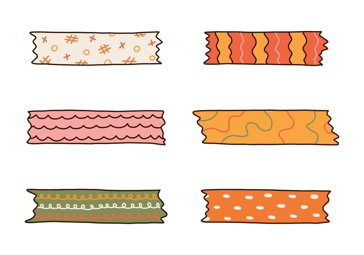 Colorful doodle set of washi tape stripes with squiggle, geometry, abstract, cute pattern. Adhesive tape with ornament. Trendy decorative scotch tape with ragged edges for scrapbook, planner, design vector