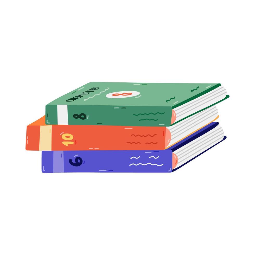 Cartoon stack of closed school textbook on different subjects. Cute kids academic book, literature, encyclopedia. Back to school supply for study, reading. Hand drawn isolated illustration. vector
