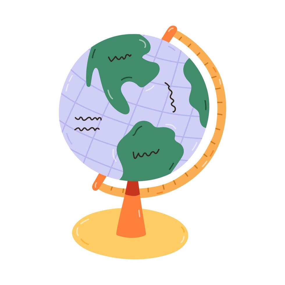 Cute cartoon globe with stand for school lesson of geography. Table and desk Earth globe with world map, ocean, continents for back to school, study, education. Hand drawn isolated clipart. vector