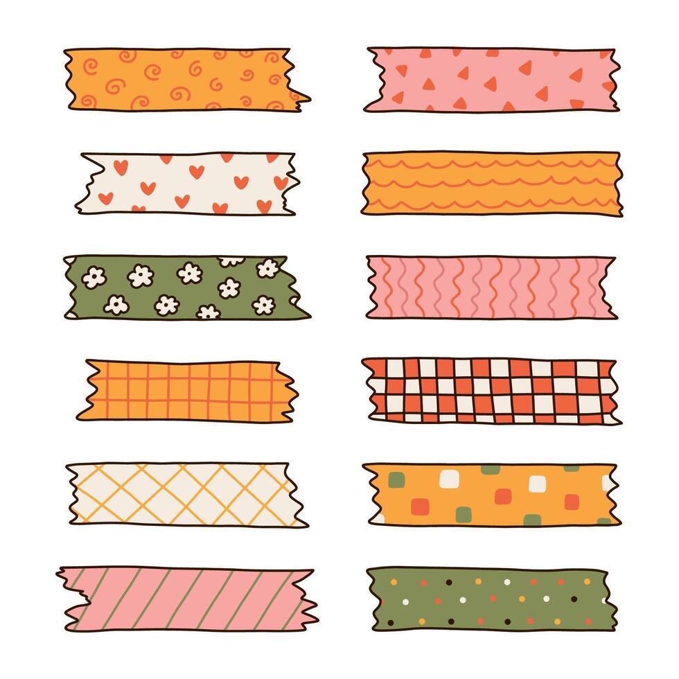 Colorful doodle set of washi tape stripes with squiggle, geometry, abstract, cute pattern. Adhesive tape with ornament. Trendy decorative scotch tape with ragged edges for scrapbook, planner, design vector
