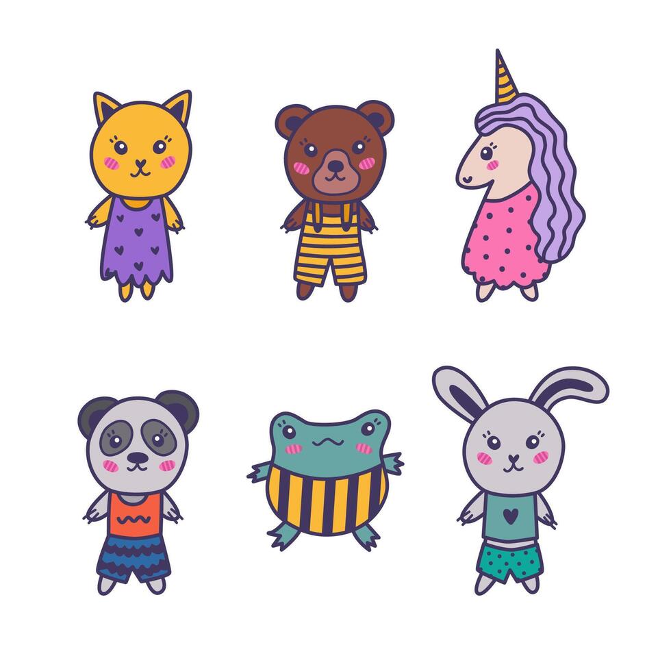 Cute colorful doodle zoo characters set with wild, magic animals, pets in clothes. Kawaii collection of frog, unicorn, cat, rabbit, bear. Domestic, farm, wild animals clipart with hand drawn outline. vector