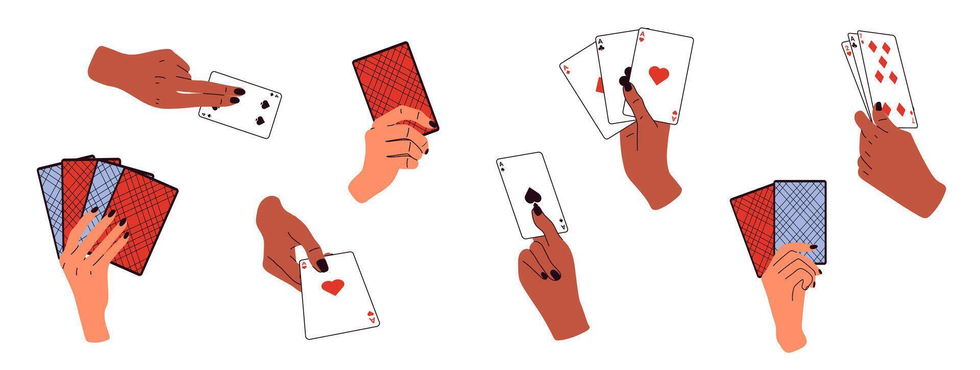 Set of Hands holding playing cards . Gambling, betting, casino and poker concept. vector