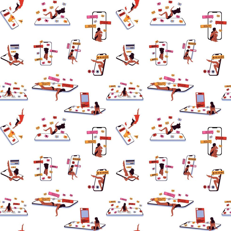 Seamless pattern with doomscrolling at social media concept. Dependence on internet, information, and content. Gadget addiction vector