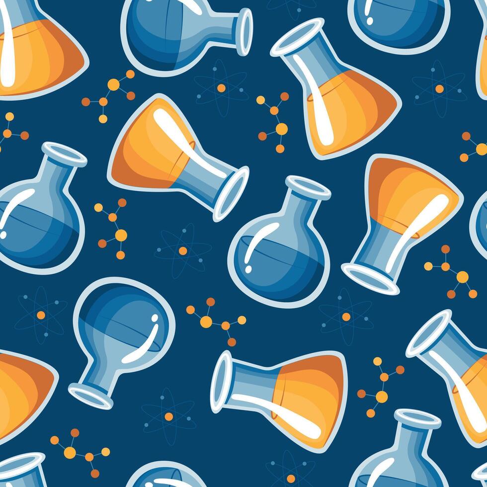 Bright and colorful seamless background with a pattern of beakers and test tubes. vector