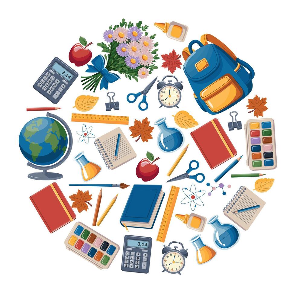 School supplies designed in the shape of a circle. For posters, layout design vector