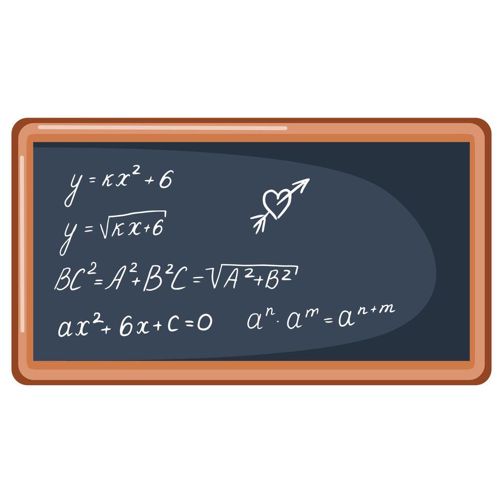 Mathematical formulas are written on the board with a heart drawn above them. vector