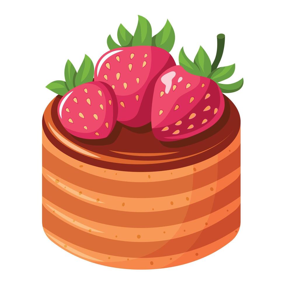 A strawberry cake with three strawberries on top. The cake is brown and has a striped pattern. The strawberries are red and have green leaves vector