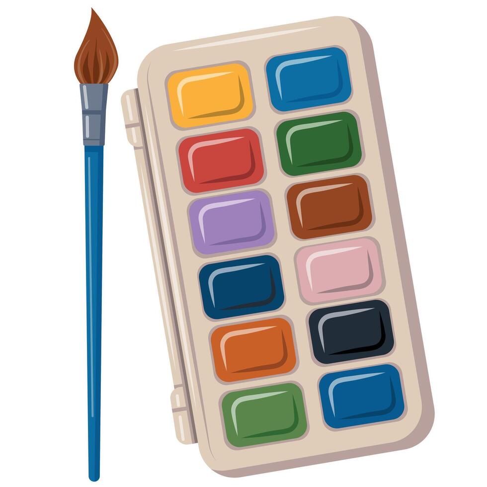 A set of watercolor paints and a brush are displayed on a white background. The colors of the paints are vibrant and the brush is blue. Concept of creativity and artistic expression vector