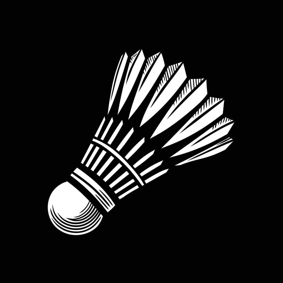 Black and white illustration of a badminton shuttlecock with detailed feathers vector
