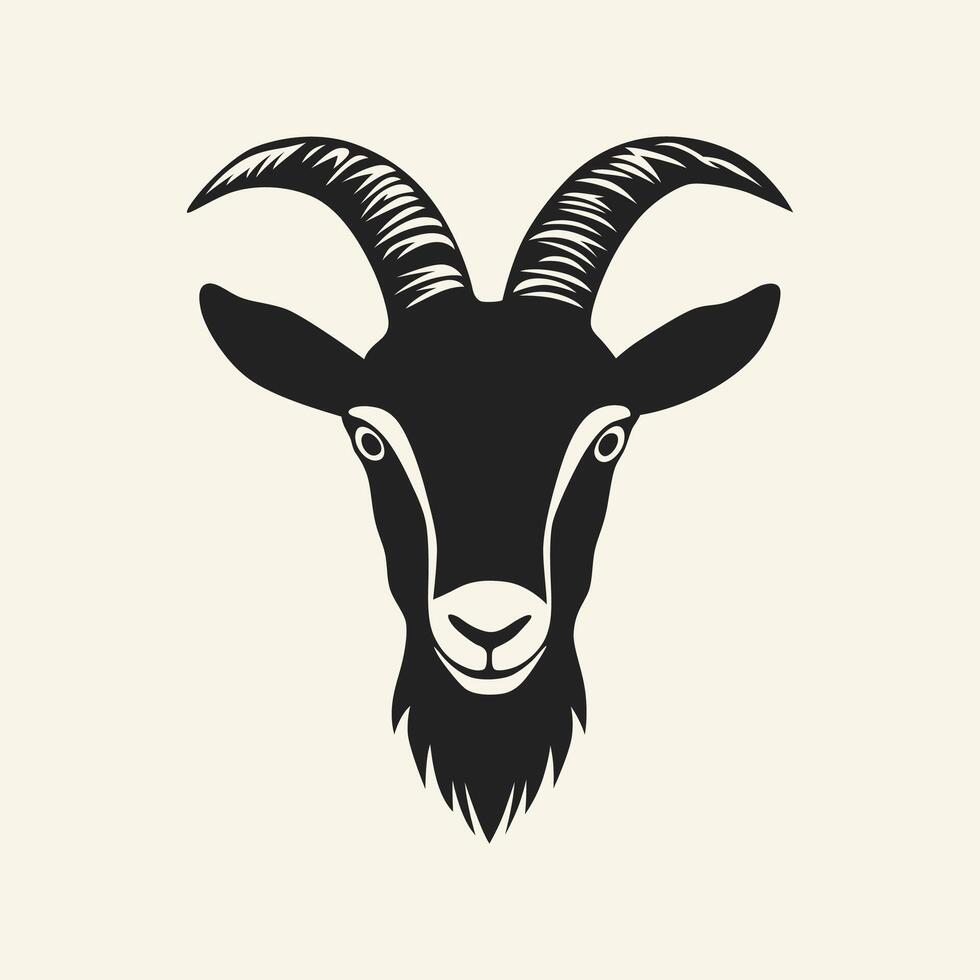 Black and white goat head mascot logo for branding showing horns and goatee vector