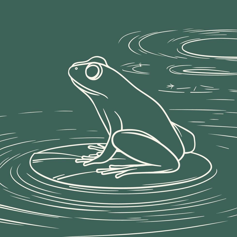 Frog sitting on water lily pad minimal line art drawing illustration vector