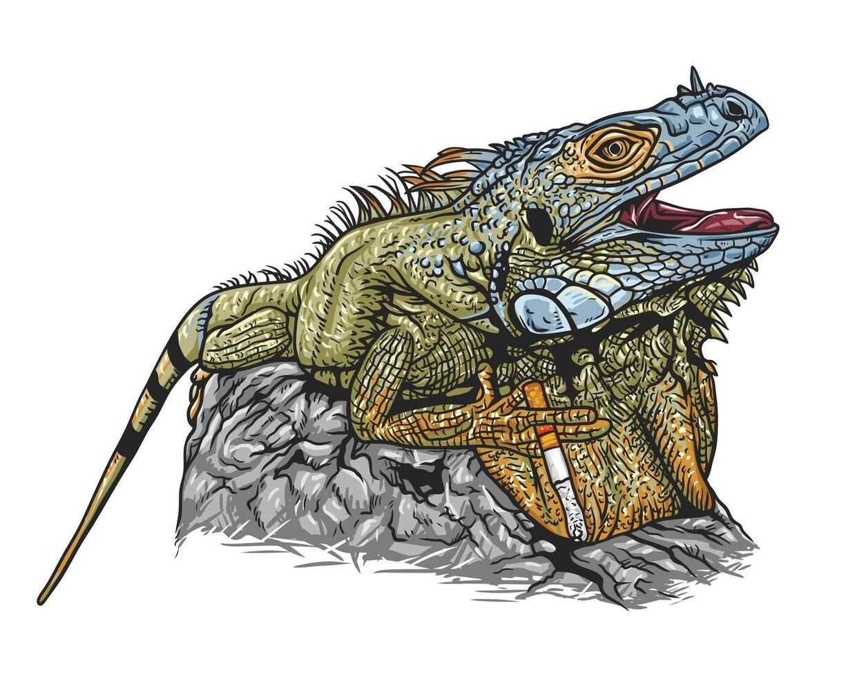 Colorful iguana relaxing on a rock and smoking a cigarette, funny conceptual illustration vector