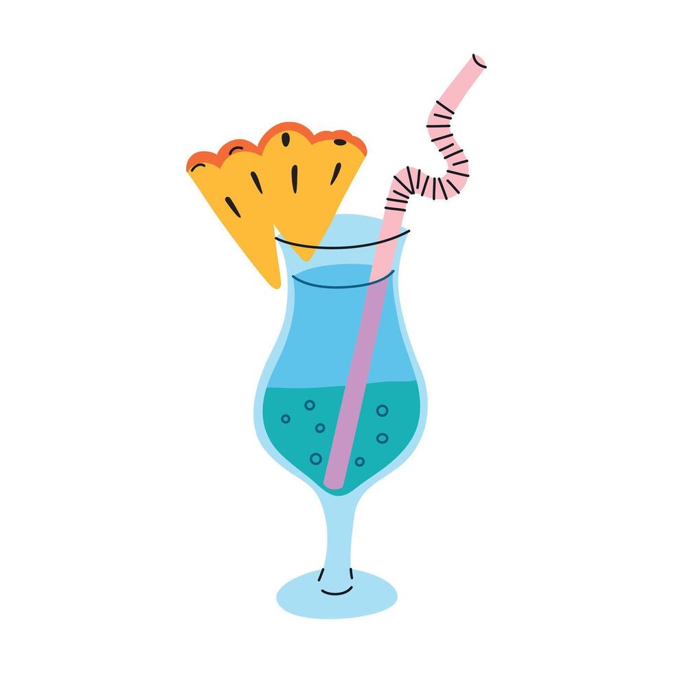 illustration of an exotic summer cocktail garnished with a pineapple slice and straw. Flat cartoon style, colorful and refreshing beverage, mermaid lemonade. Vibrant tropical drink icon vector