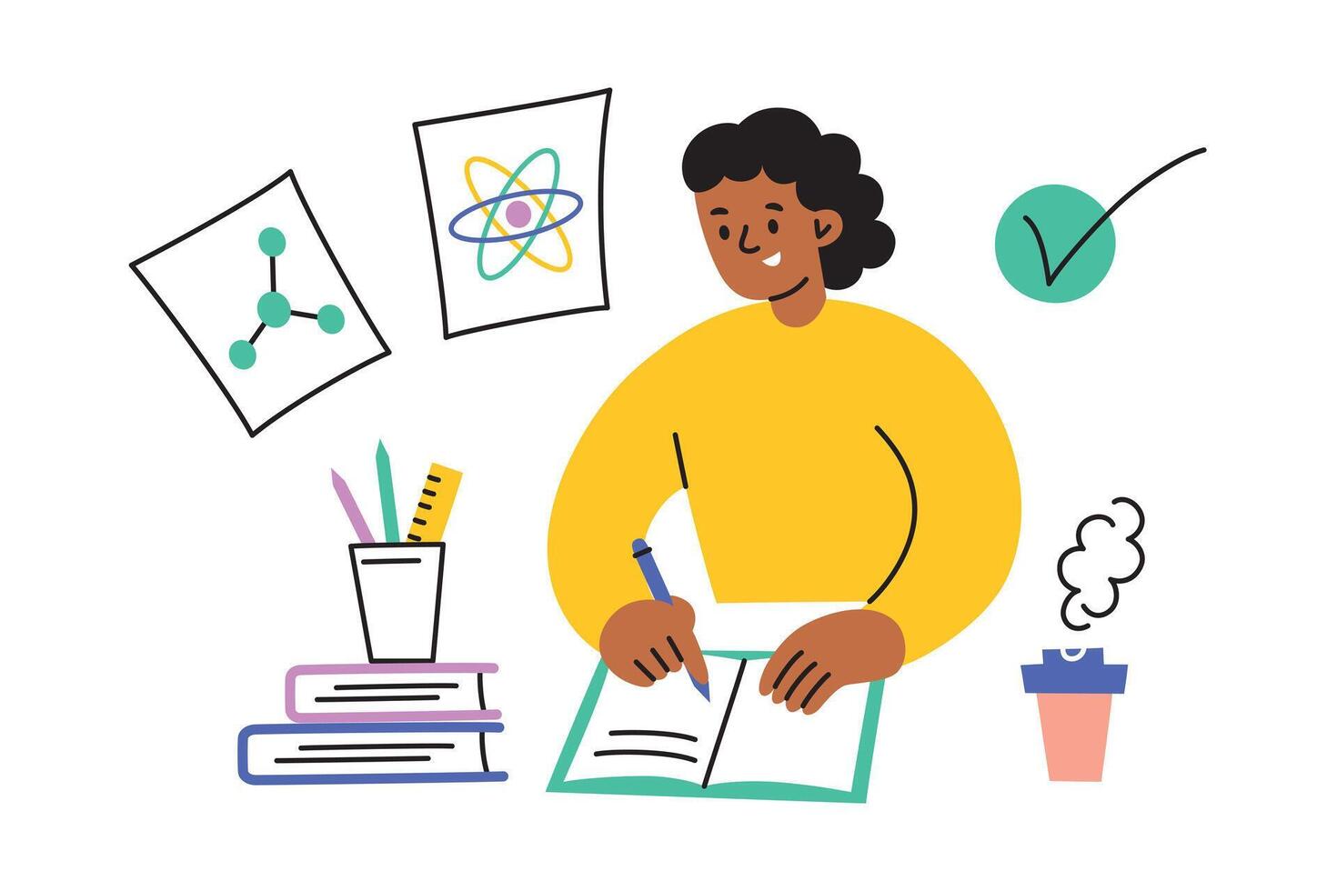 illustration of a student doing homework, writing in a notebook at a desk, solving problems, with books and stationery nearby. Flat cartoon style, ideal for educational themes, school and study vector