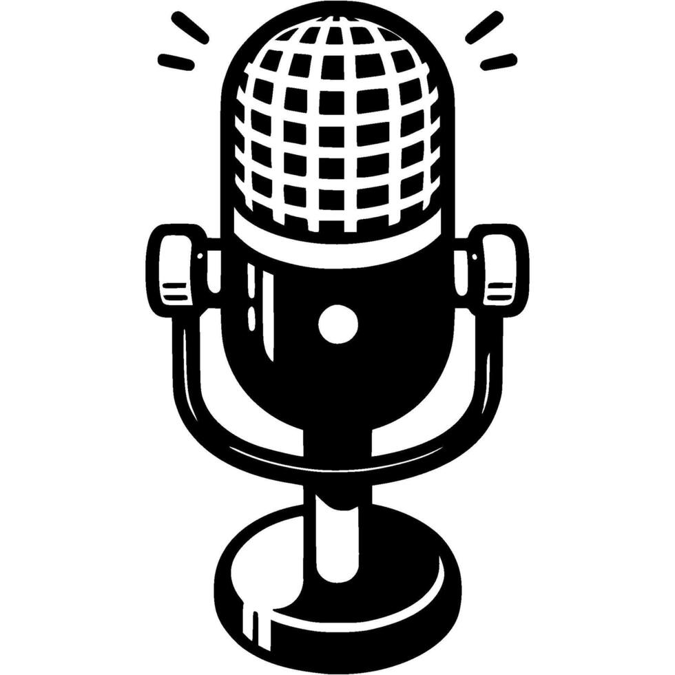 Studio microphone on stand in monochrome. Simple minimalistic in black ink drawing on white background vector