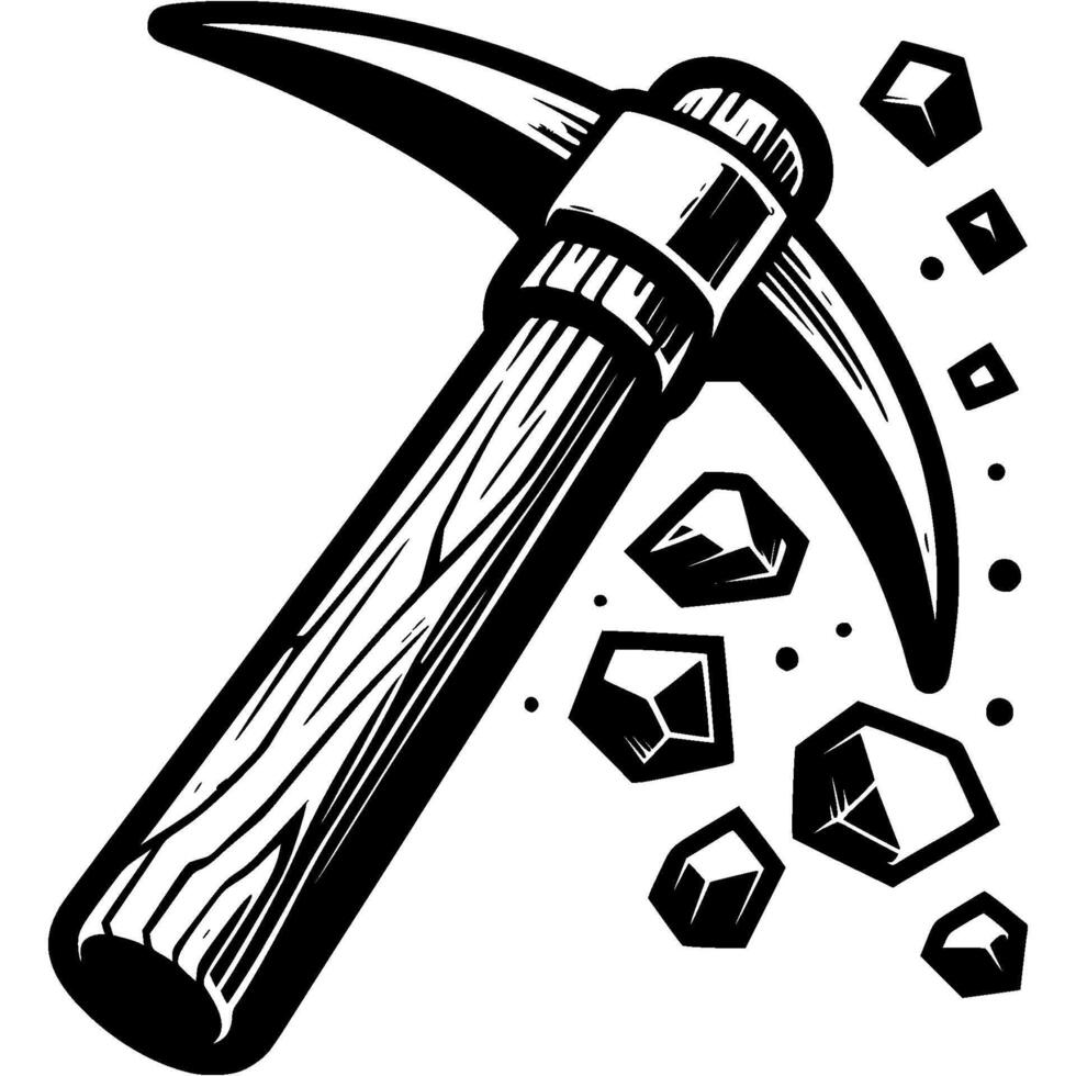 Sharp pickaxe splits rock in monochrome. Stone quarrying tool. Simple minimalistic in black ink drawing on white background vector