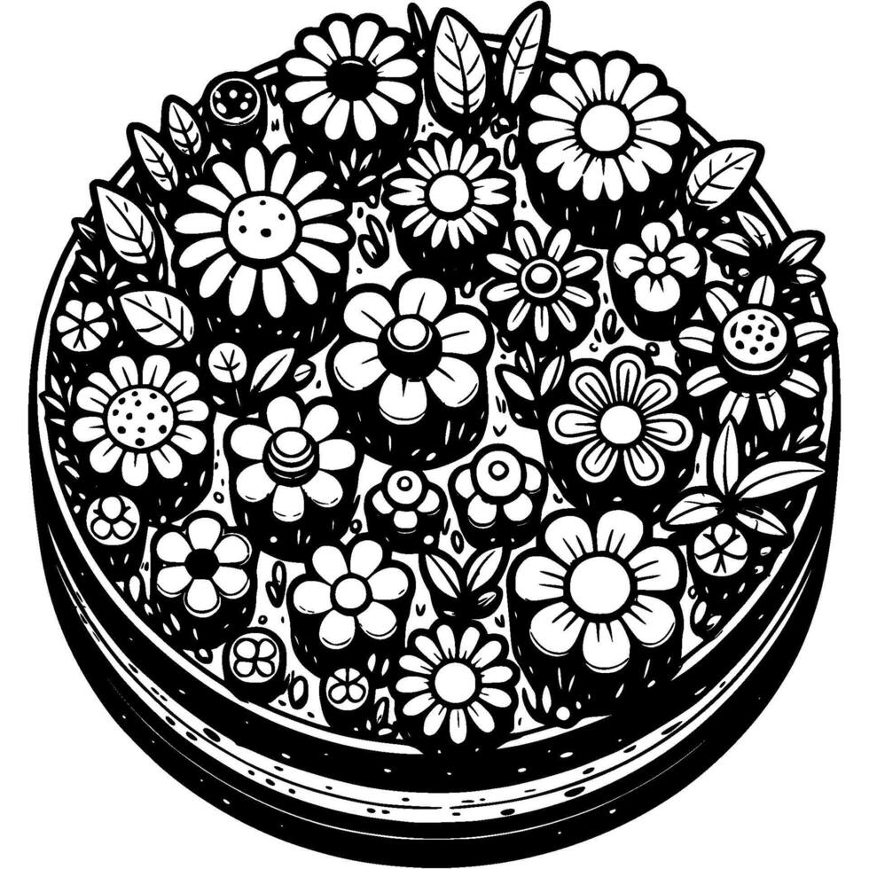 Blooming summer flower bed top view in monochrome. Decorative and landscape design. Simple minimalistic in black ink drawing on white background vector