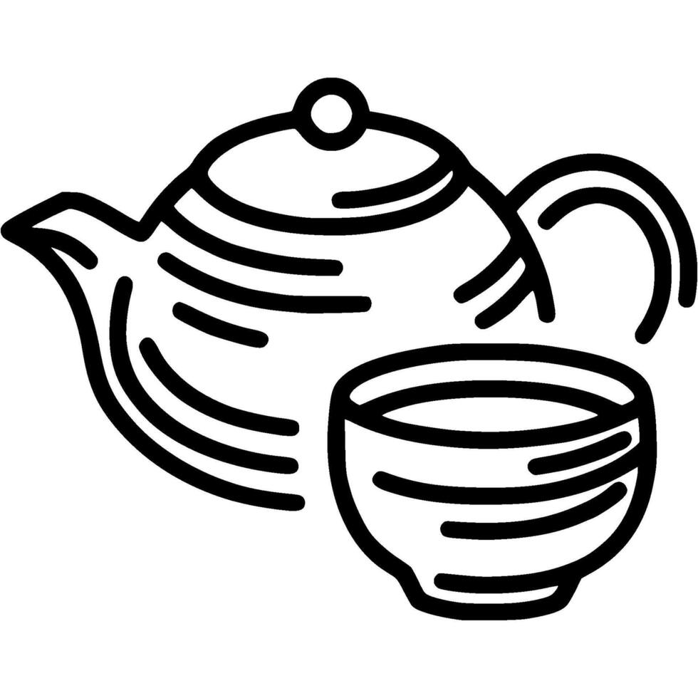Set of dishes for Japanese tea ceremony doodle icon. Ceramic teapot and cup. Simple minimalistic symbol in black on white background vector