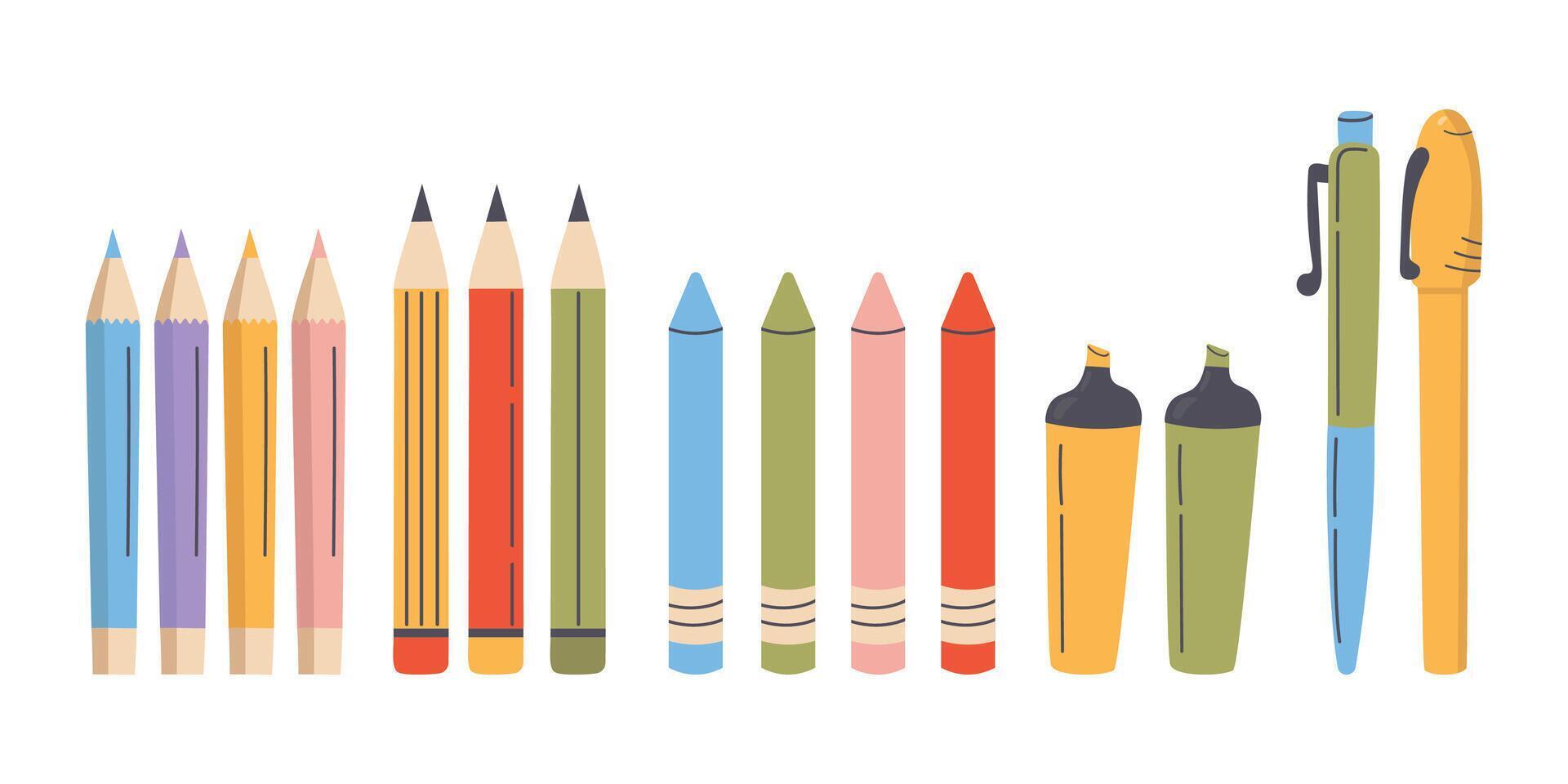 Set of different colored pencils and pens. illustration in flat style vector