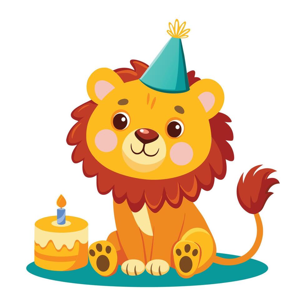 Cute cartoon lion with birthday hat and cake illustration vector