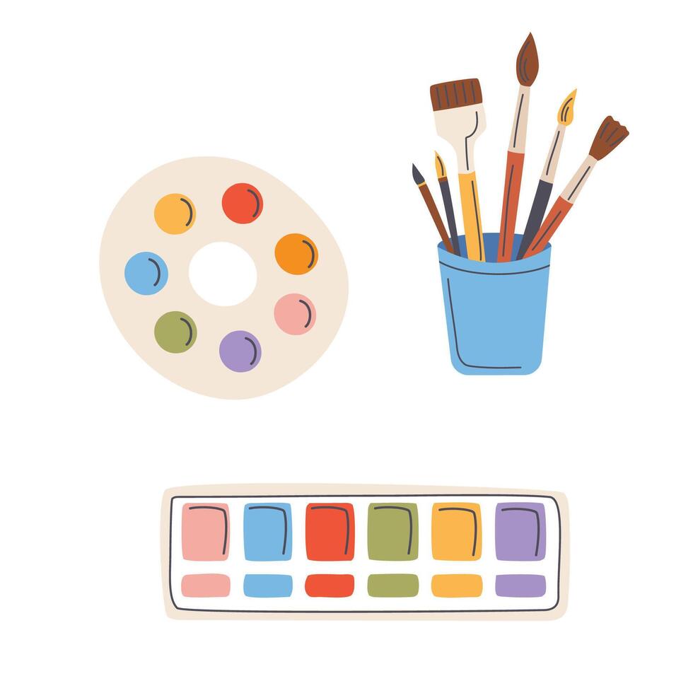 Painting tools. Watercolor palette, brushes, paints, palette. illustration vector