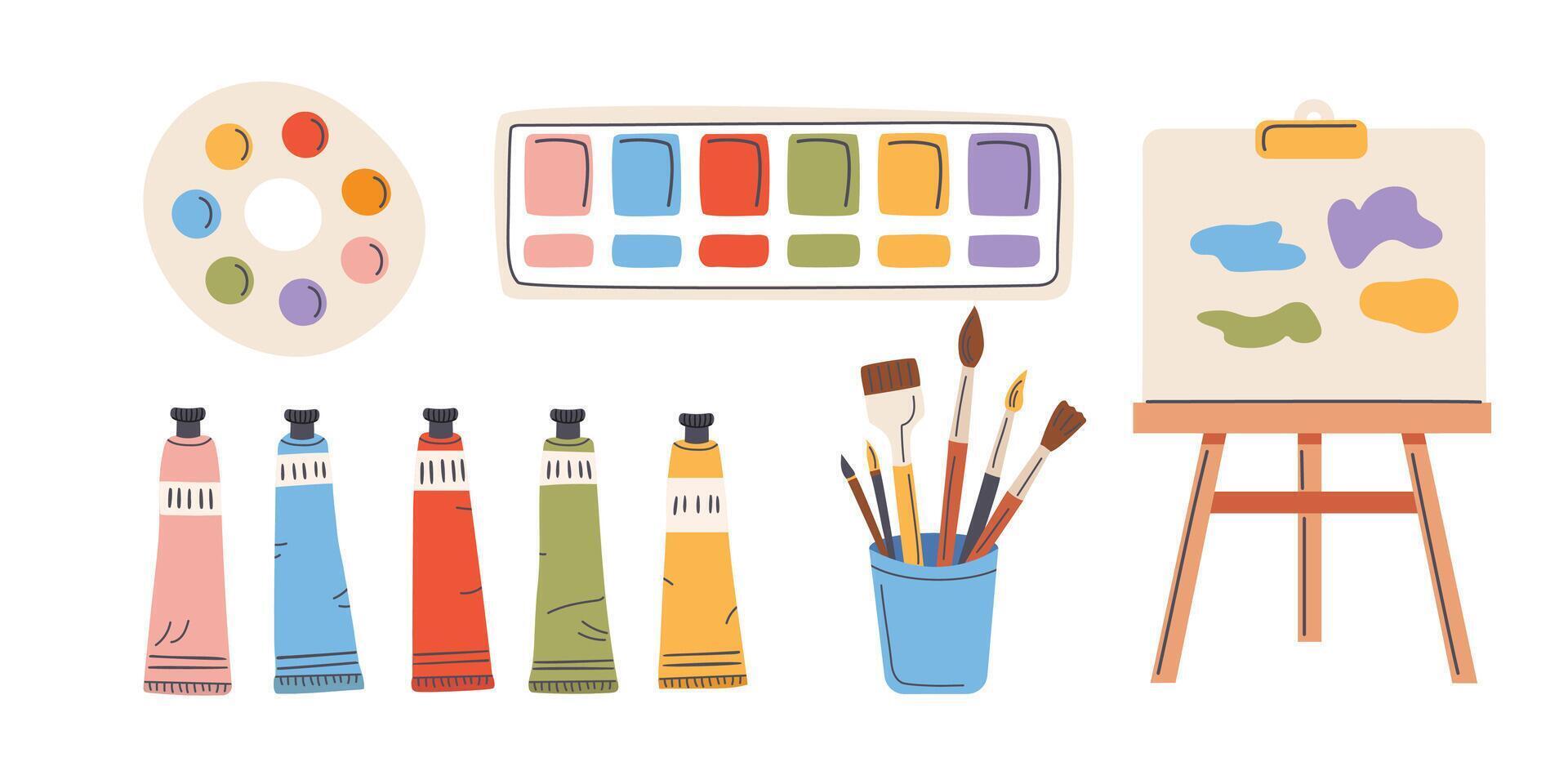Set of watercolor and oil paints, brushes, palette and easel. illustration vector
