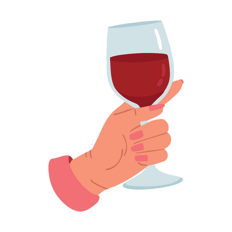 Hand holding a glass of red wine. illustration in flat style vector